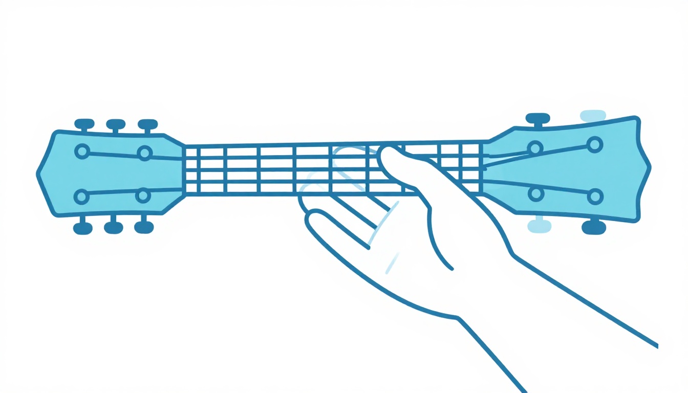 A close up of a left hand shaping a G major chord on an acoustic guitar neck