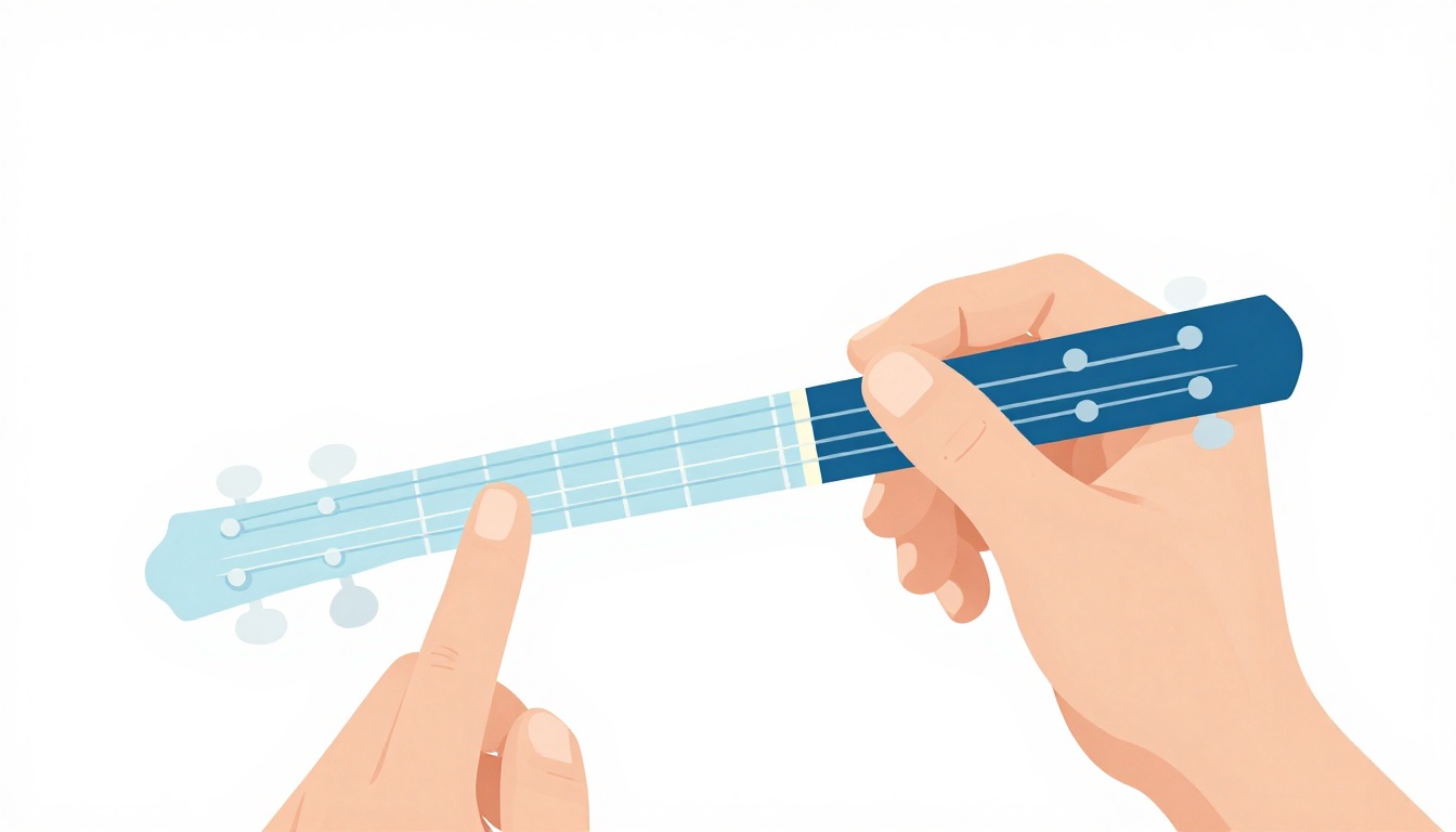 A close up of a left hand barring three strings with the index finger high on a guitar neck