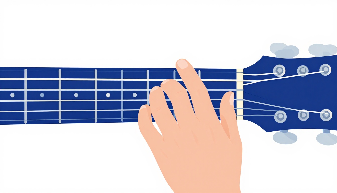 A close-up of a left hand pressing four consecutive frets on an electric guitar neck, one finger per fret