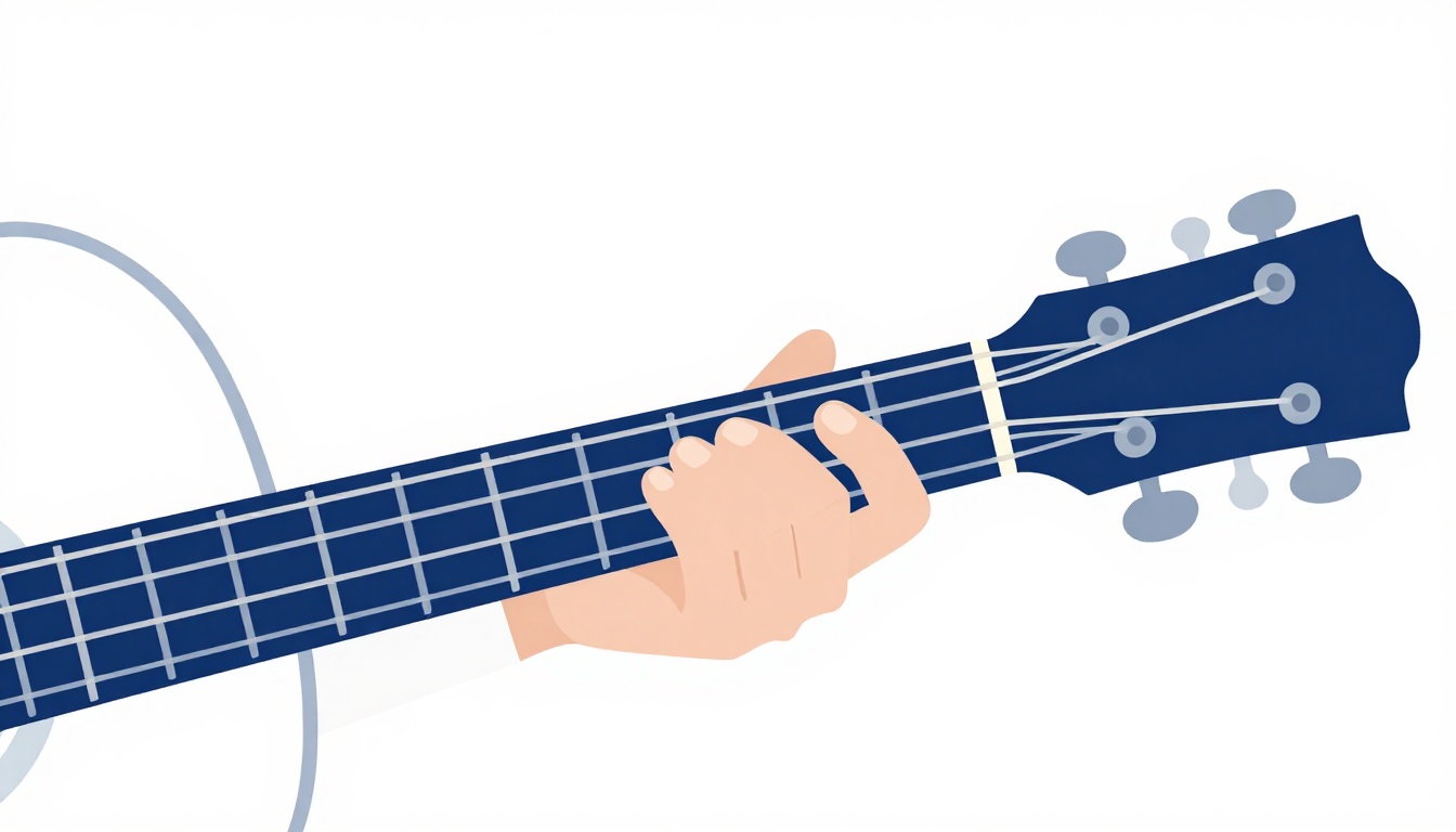 A close-up of a hand fretting notes near the nut of an acoustic guitar neck with an open string ringing beside them