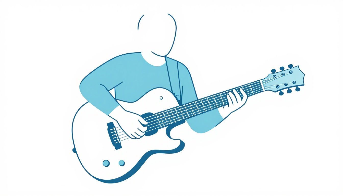 A guitarist playing an electric guitar solo lick with a pick, hand positioned mid-neck, dynamic angle