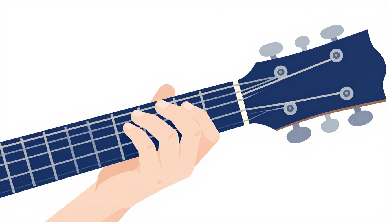 A close-up of a left hand fingering the standard three-finger Csus2 chord on an acoustic guitar neck, fingers arched over two open strings in the middle