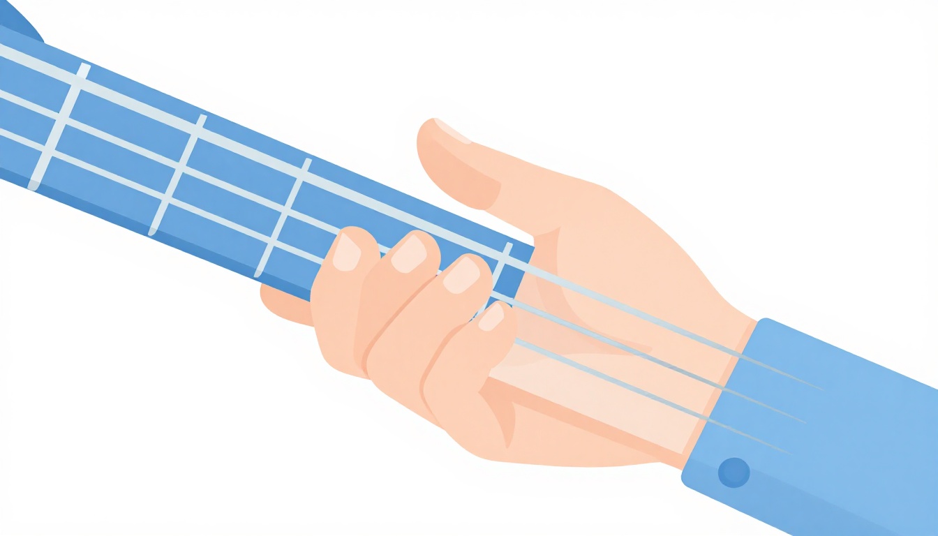 A close-up of a left hand on an acoustic guitar neck with fingers arched high above two open strings, illustrating the finger position needed to keep the open strings ringing
