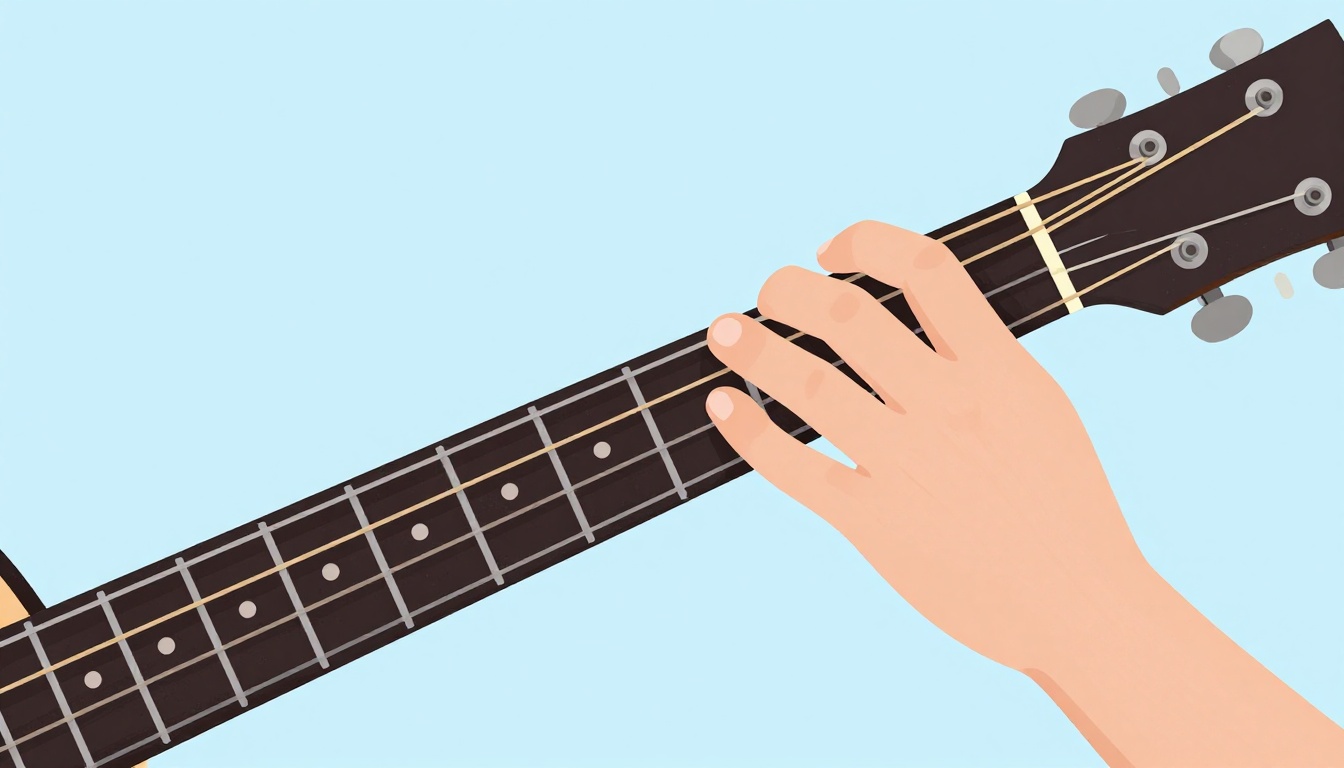A close-up of a left hand fingering a Csus2 chord that includes the low E string, thumb-adjacent finger pressing near the third fret