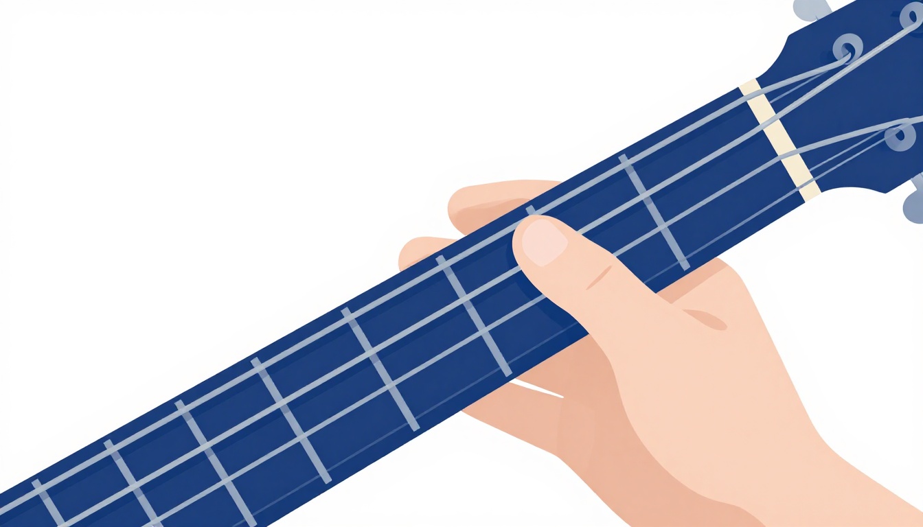 A close-up of a left hand barring across an acoustic guitar neck partway up the fretboard, with two other fingers pressing higher frets