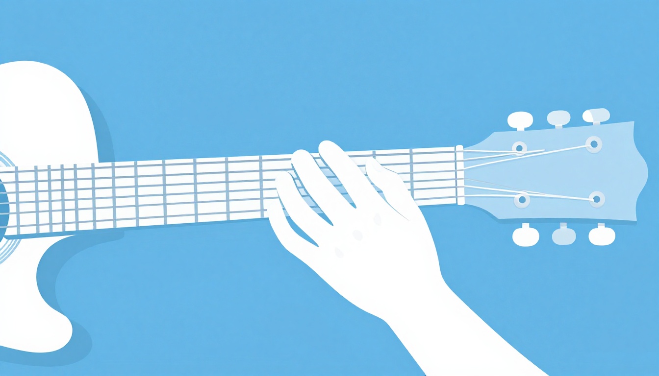 A close-up of a left hand moving between two open chord shapes on an acoustic guitar neck, fingers mid transition