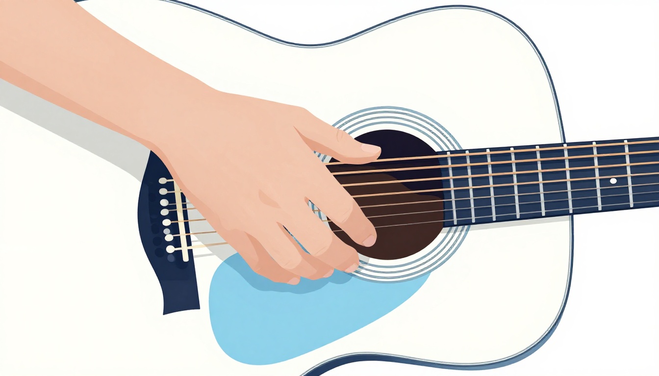 A close up of a left hand fingering an open Csus4 chord on the neck of an acoustic guitar, three fingers pressed down near the third fret