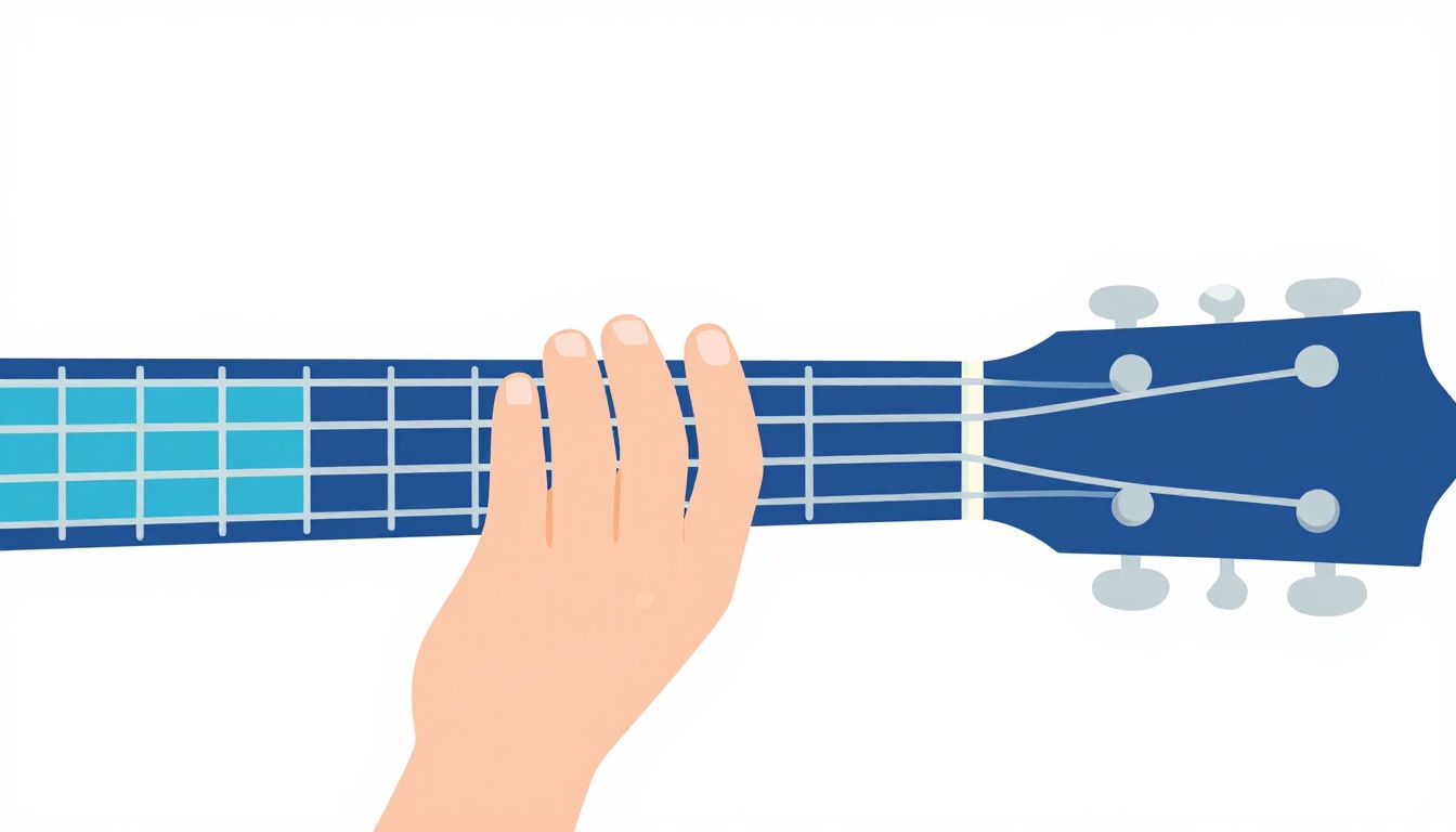 A close-up of a left hand fingering a simplified three-finger Csus4 chord shape on an acoustic guitar neck, no finger flattened into a barre