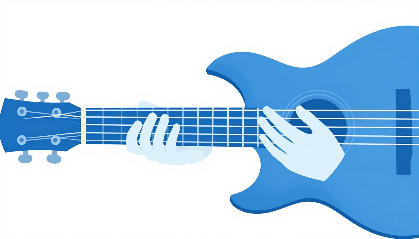 A close-up of a left hand mid motion sliding one finger up the fretboard while another finger stays still on an acoustic guitar neck