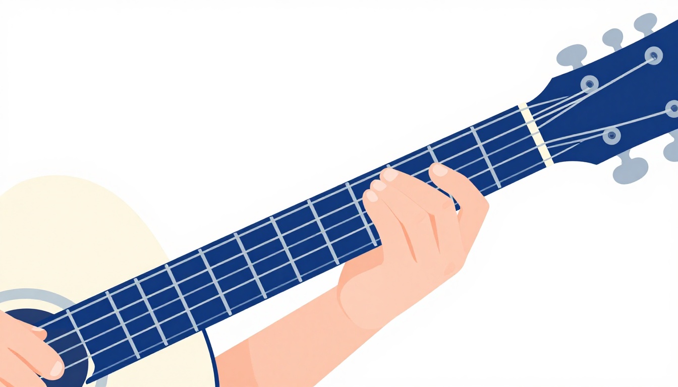 A close-up of a left hand barring across a guitar neck partway up the fretboard with three fingers pressed on higher frets