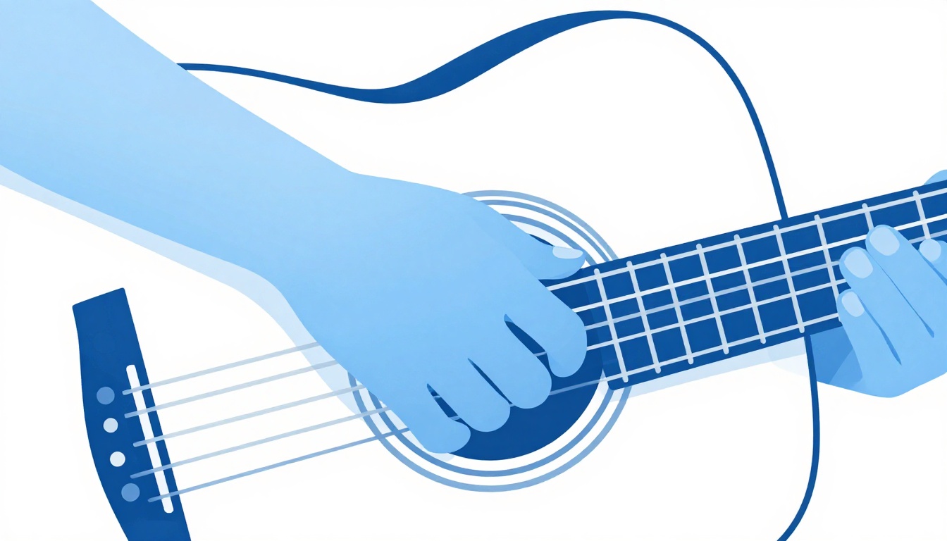 A close-up of a right hand fingerpicking individual strings near the sound hole of an acoustic guitar