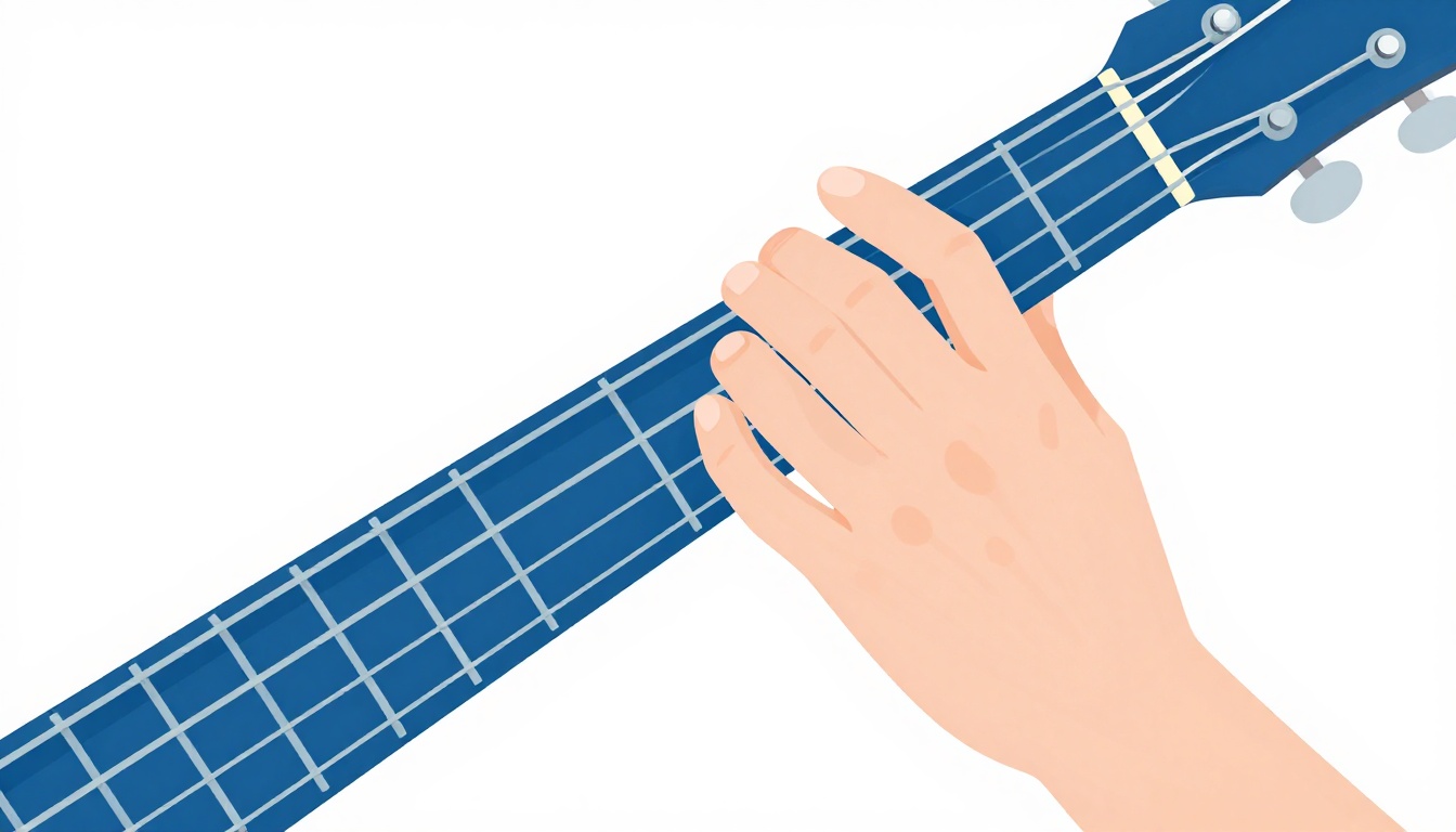 A close-up of a left hand fingering a minor scale pattern in open position on an acoustic guitar neck