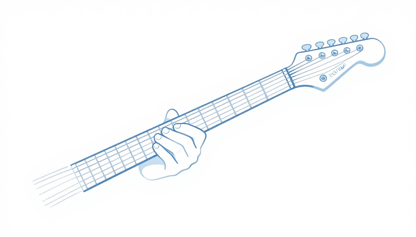 A close-up of a left hand shaping a scale pattern midway up an electric guitar neck, fingers spread across several frets