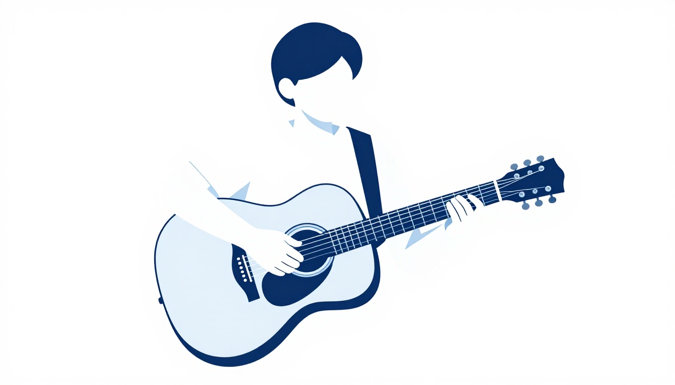 A right hand strumming an acoustic guitar with the left hand shaping a simple open minor chord low on the neck