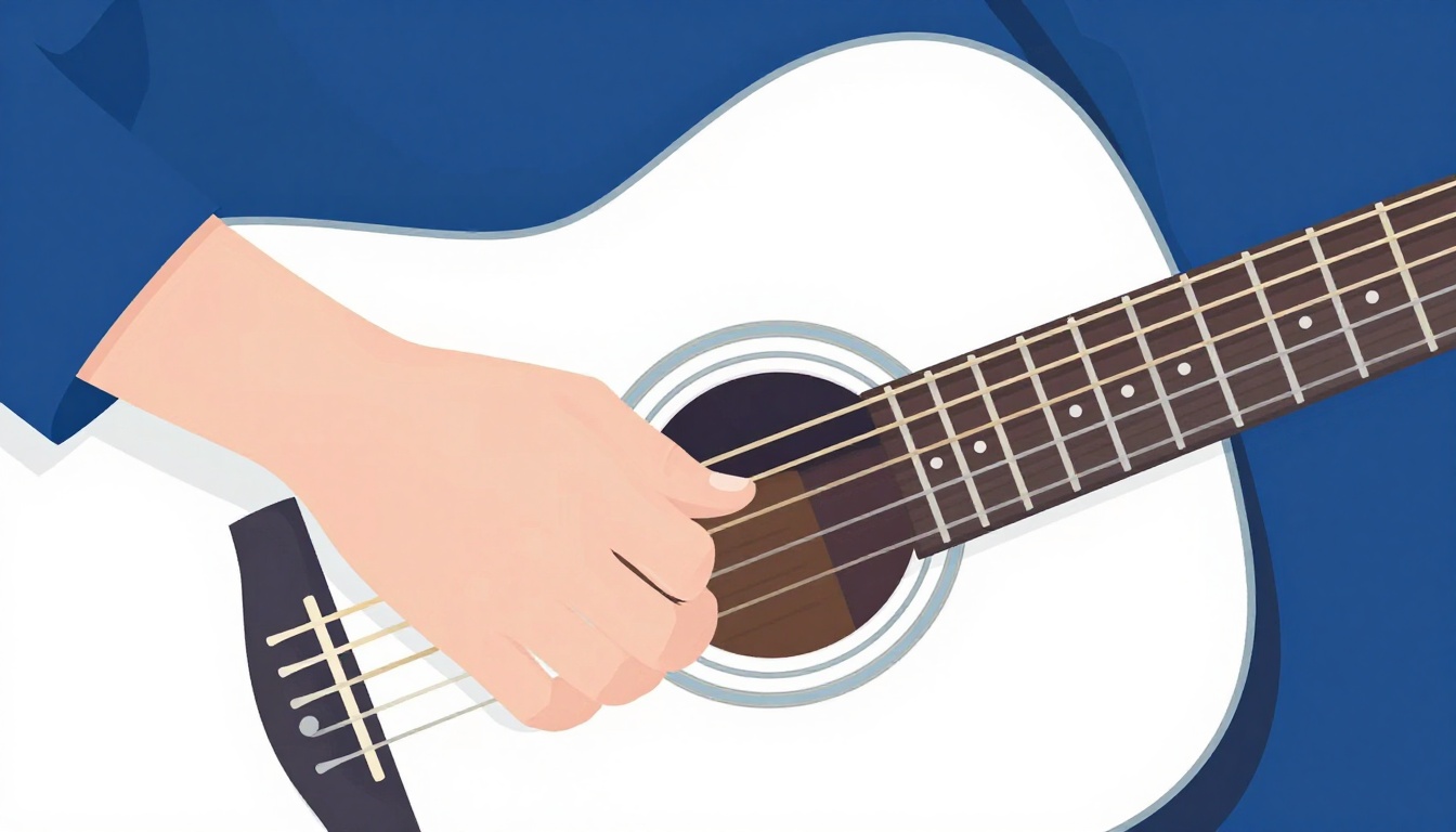 A close-up of a left hand fretting a note on an acoustic guitar neck while an adjacent string is visibly muted by a stray finger