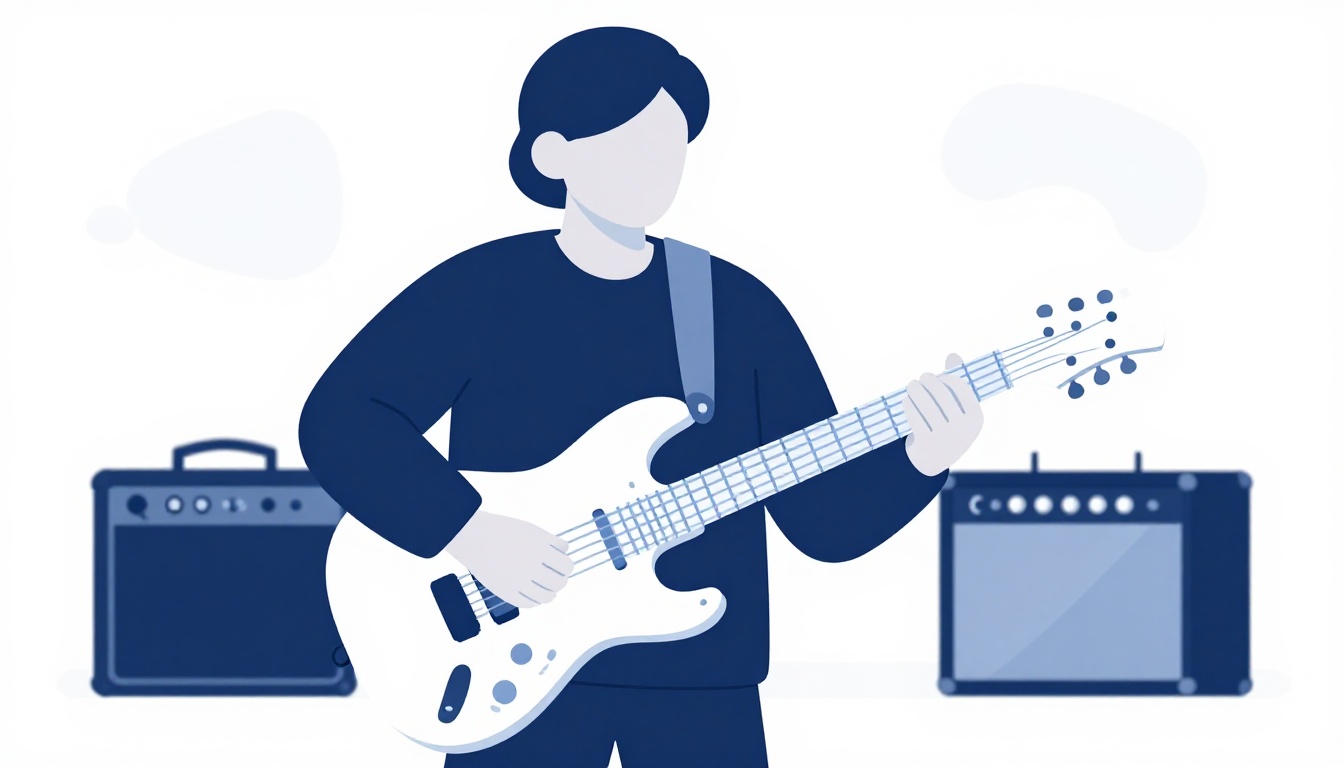 A person practicing an electric guitar in a dim room with a guitar amplifier visible in the background