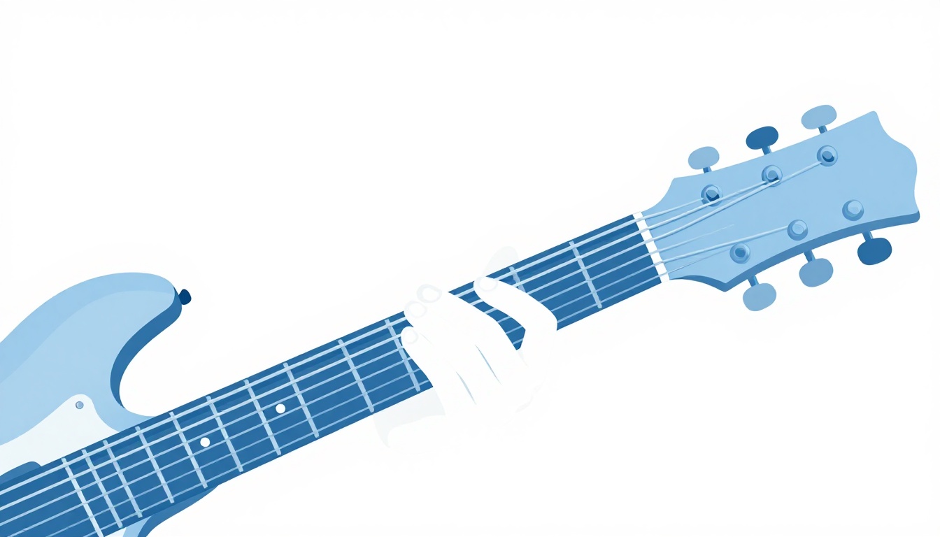 A close-up of a hand stretching a finger to fret a single note near the middle of an electric guitar neck