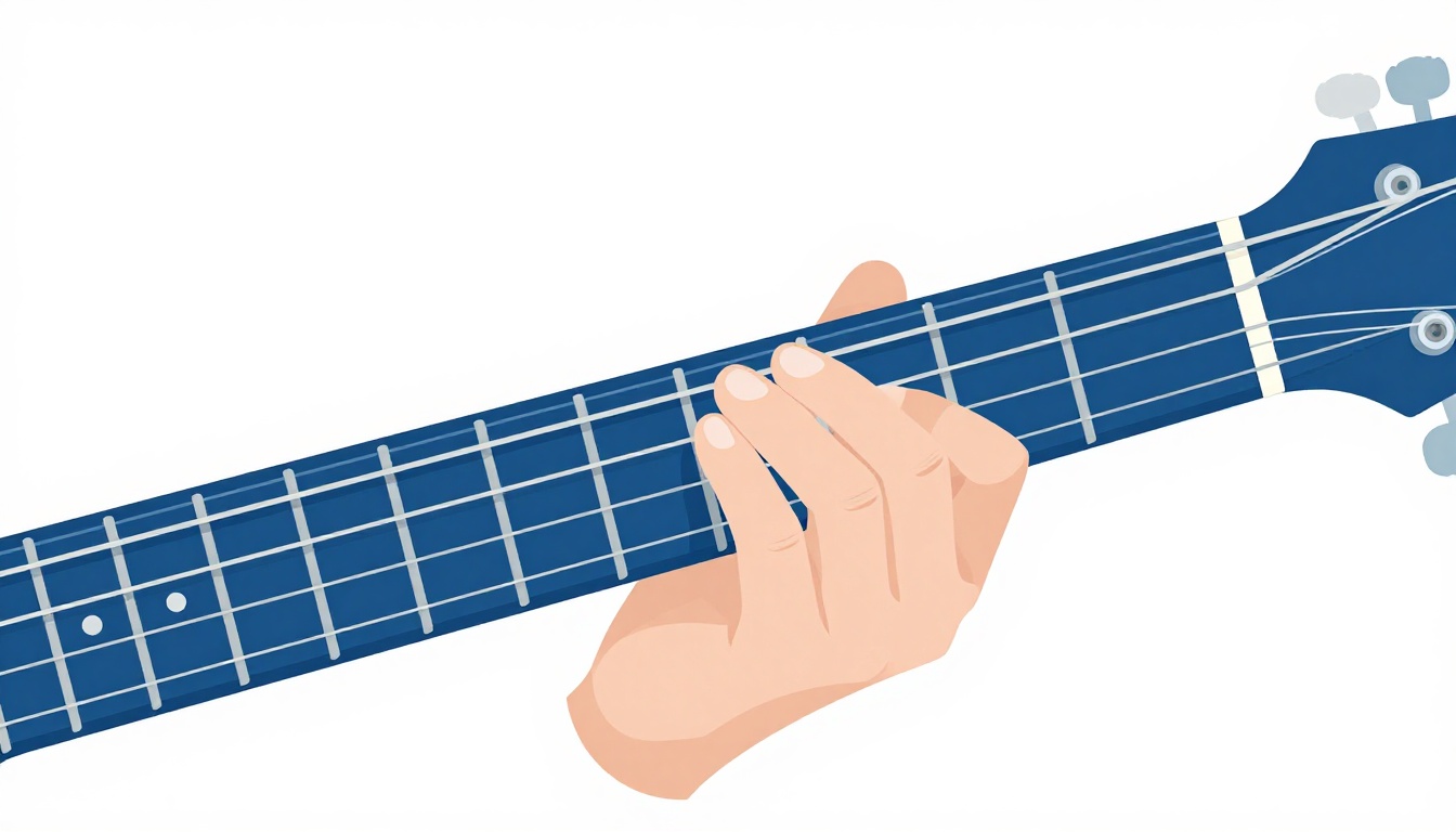 A close-up of a left hand fretting a power chord with the index finger on one string and the ring finger two frets and one string over