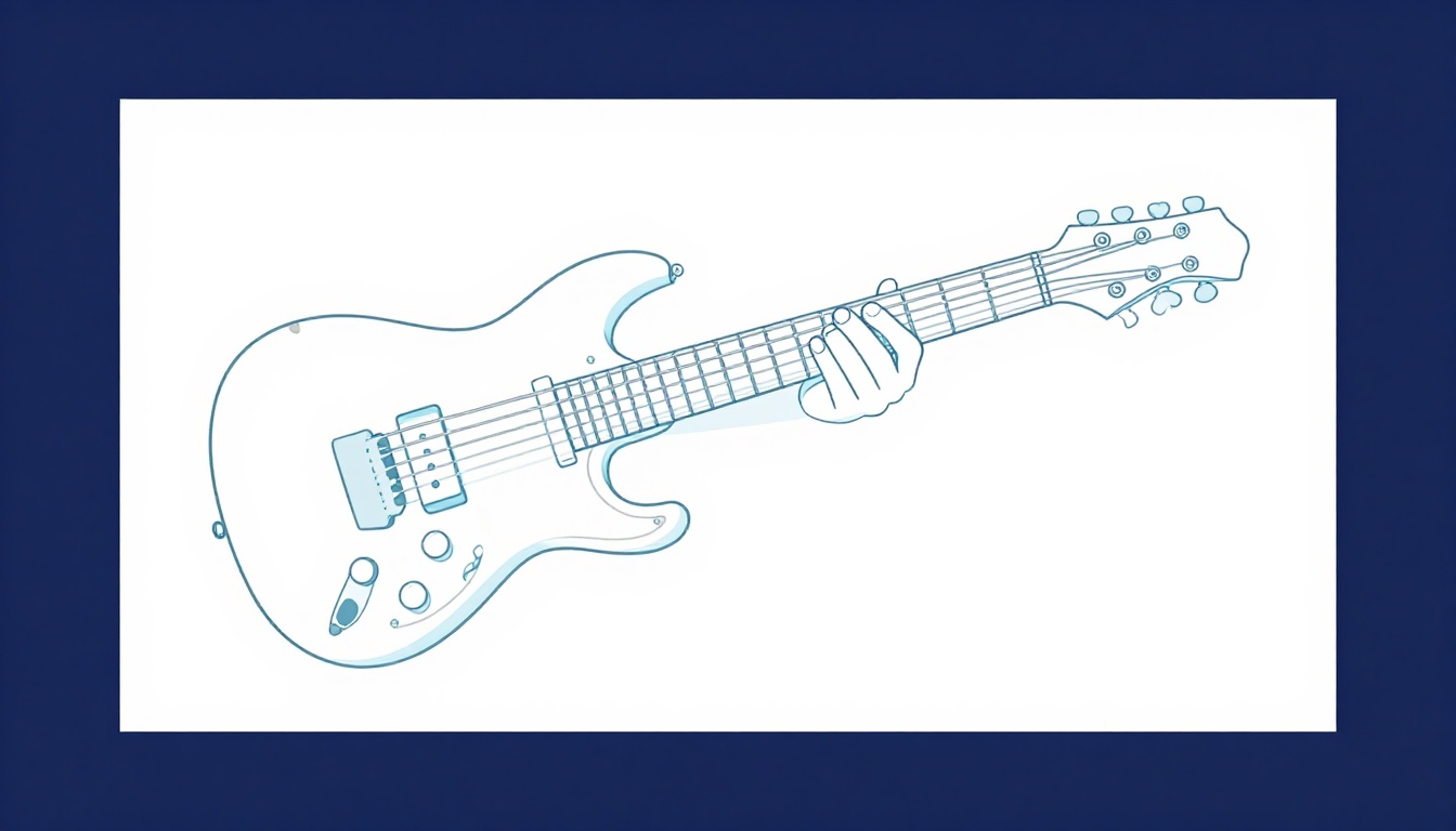 A hand fretting a power chord high on an electric guitar neck near the middle frets, with two fingers spaced two frets apart