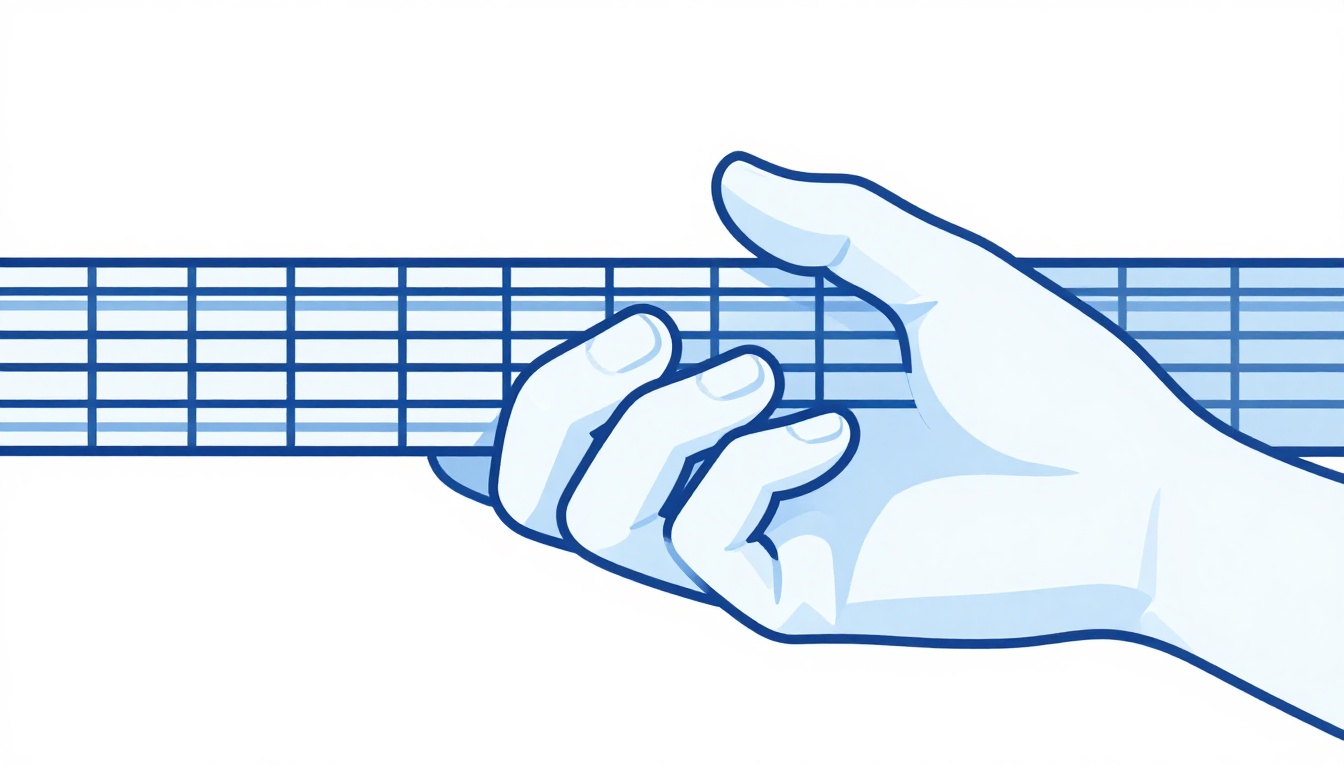 A close-up of fingertips pressing firmly just behind a fret on a guitar neck, with the fingers curved rather than flat