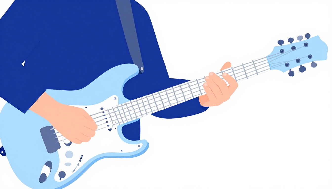 A close-up of a left hand fretting a two-finger power chord shape on an electric guitar neck
