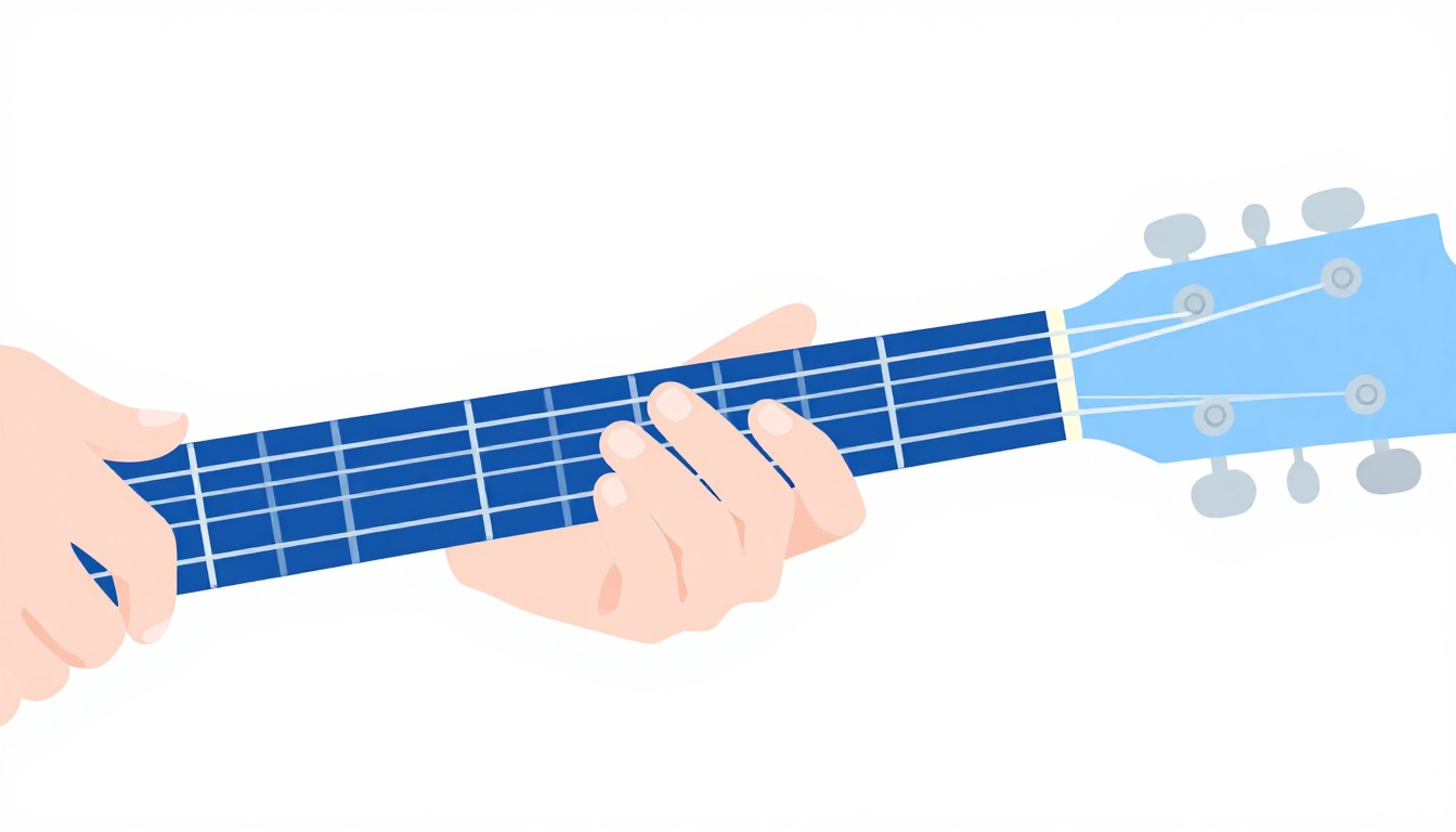 A close up of a left hand fingering a D9 chord on an acoustic guitar neck, the ring finger barred flat across three strings near the fifth fret