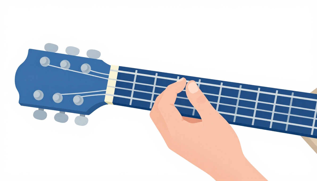 A close up of a left hand playing an open D9 chord shape near the nut, two fingers pressed on the middle strings while the low D and high E strings ring open