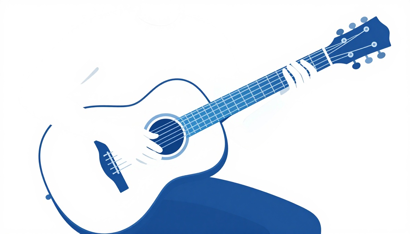 A close up of a hand strumming an acoustic guitar with a slow, deliberate downstroke, the guitar resting on a knee