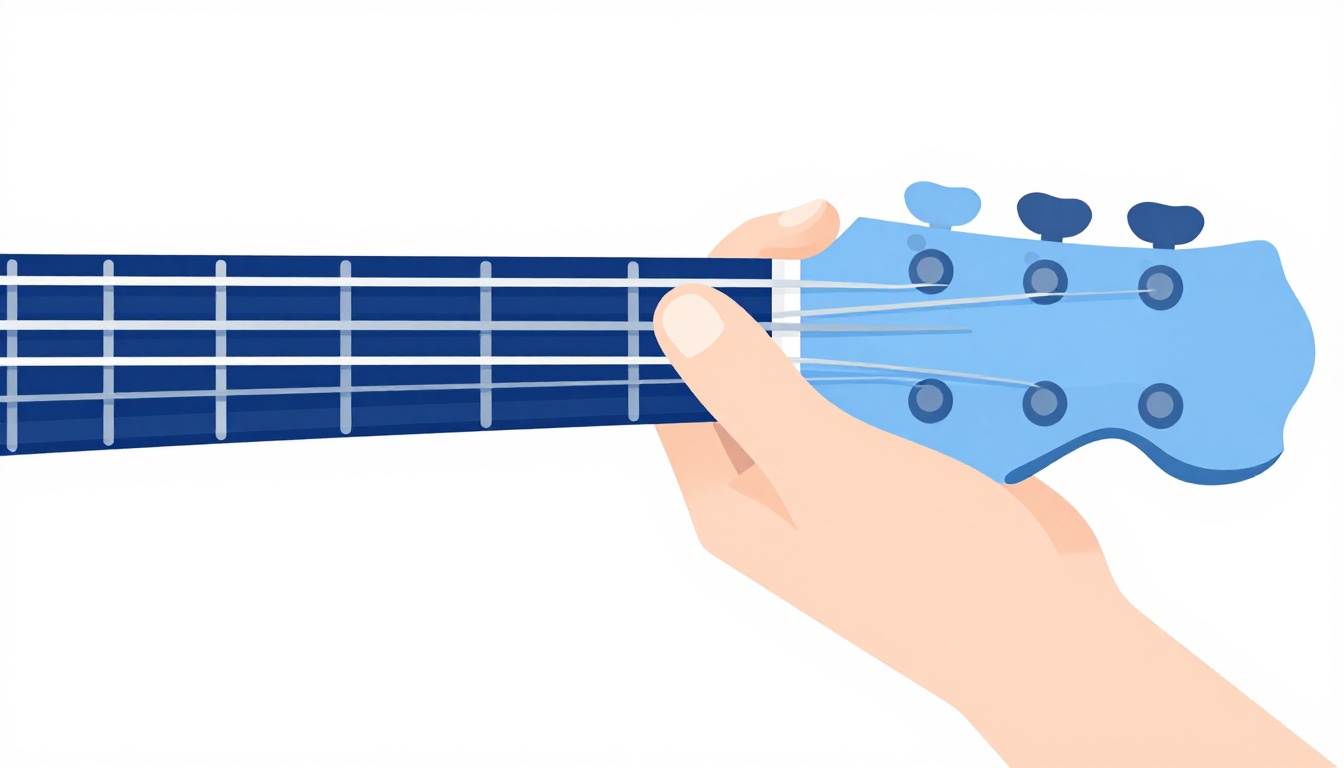A left hand gripping the neck of an electric guitar near the lower frets