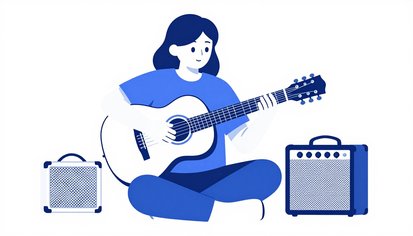 A person playing an electric guitar seated in front of a small combo amplifier at home