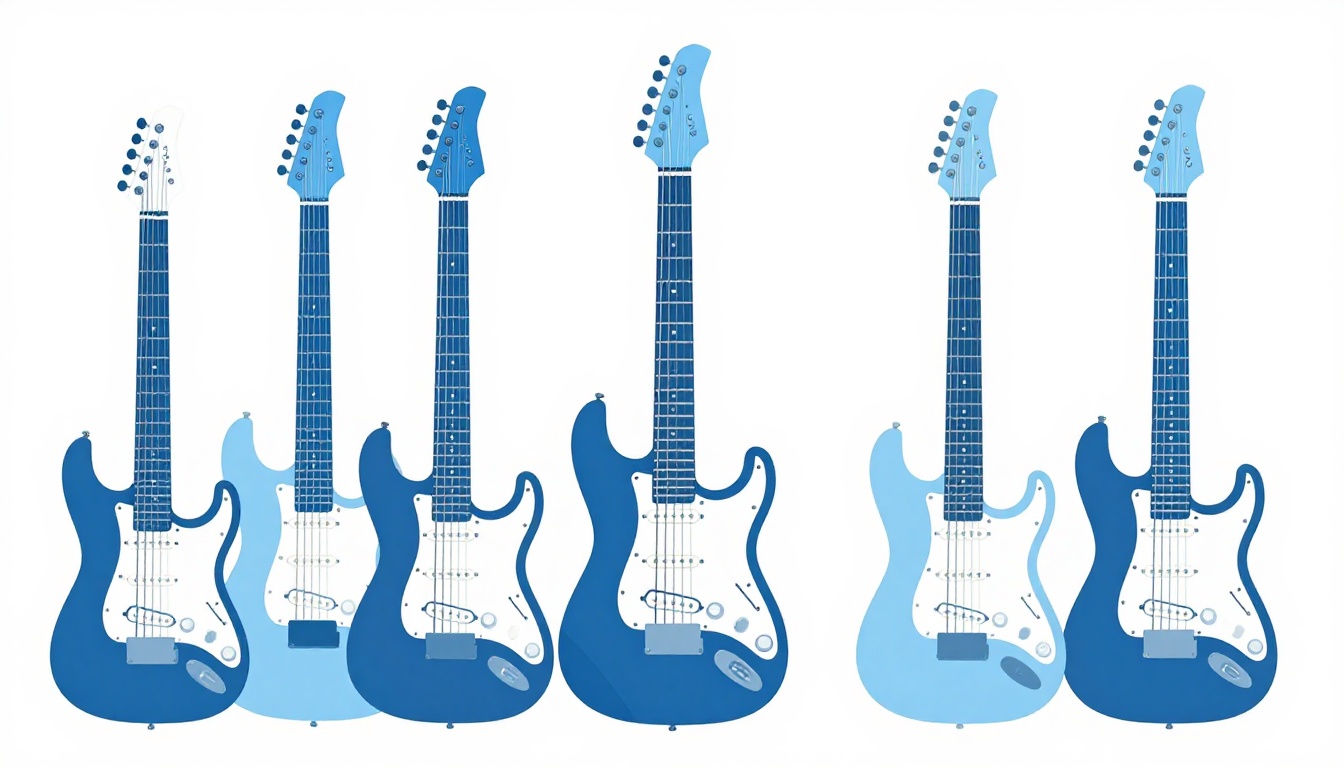 A person closely examining the neck and frets of an electric guitar while standing in a music store