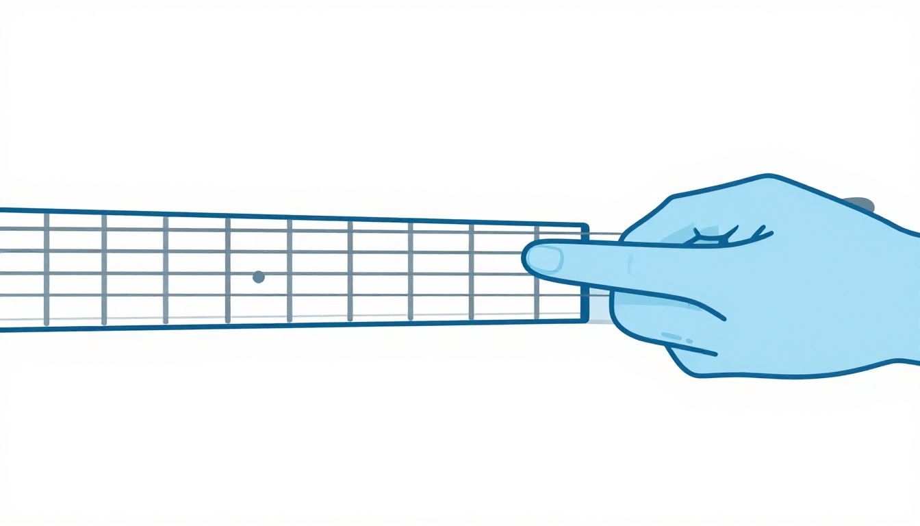 A close-up of a left hand fretting notes near the open strings on an electric guitar neck, with a finger stretched to a higher fret
