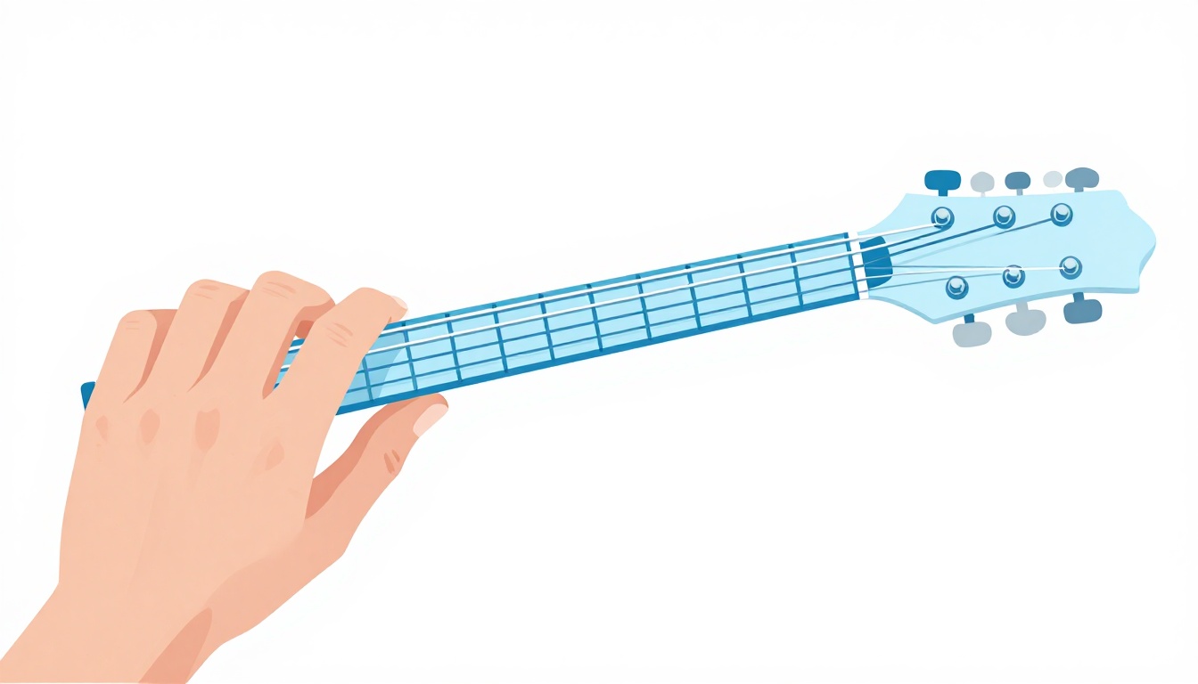 A close-up of a left hand shaping a scale pattern high on an electric guitar neck, fingers spread across four frets