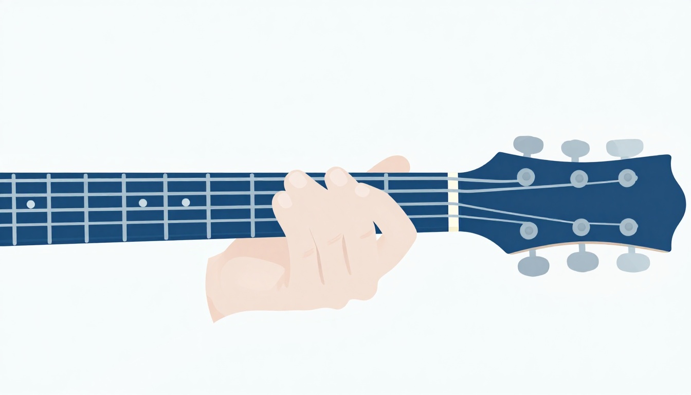 A close-up of a left hand fretting a note on an electric guitar neck while an adjacent string is visibly muted by a stray finger