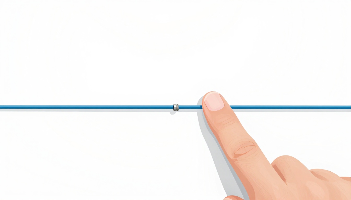 An extreme close-up of a fingertip arched vertically and pressing straight down on a single string near a metal fret wire