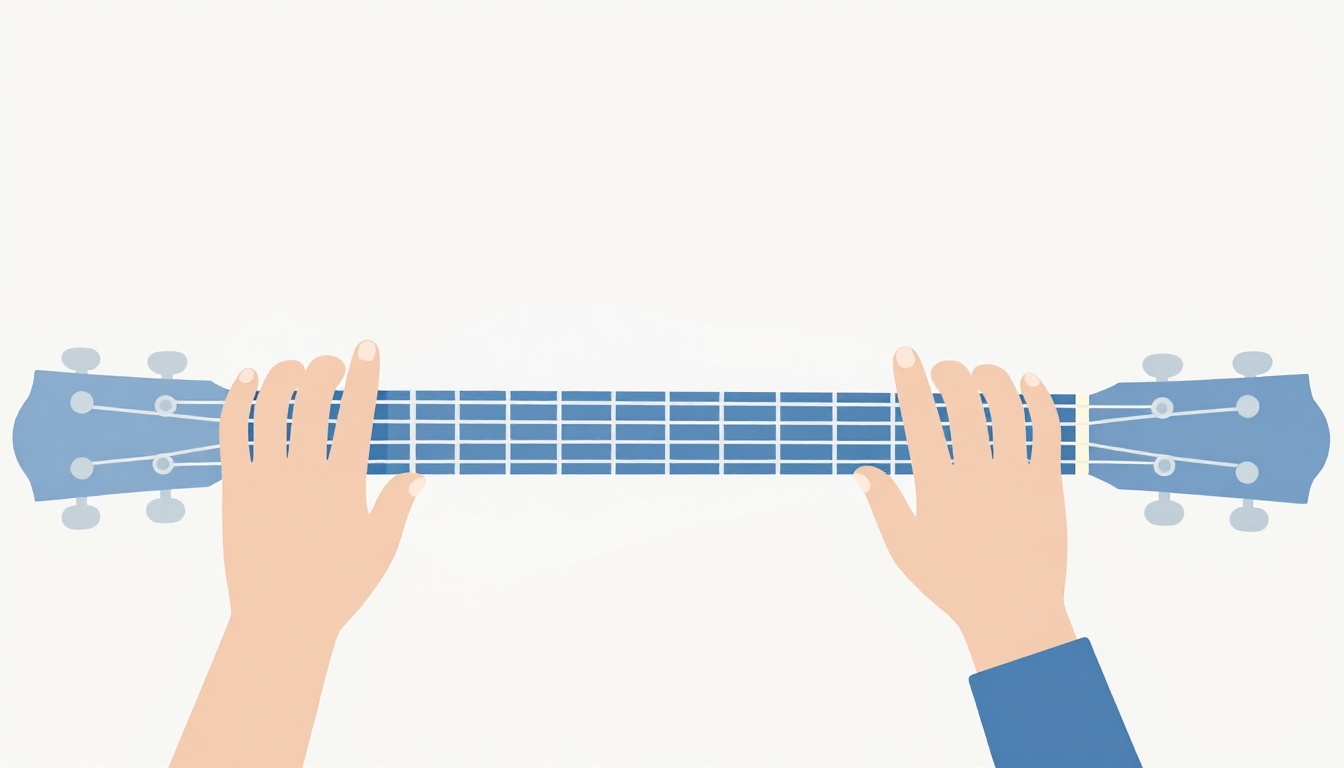 A side-by-side close-up of two hands fingering two similar but different chord shapes on separate guitar necks