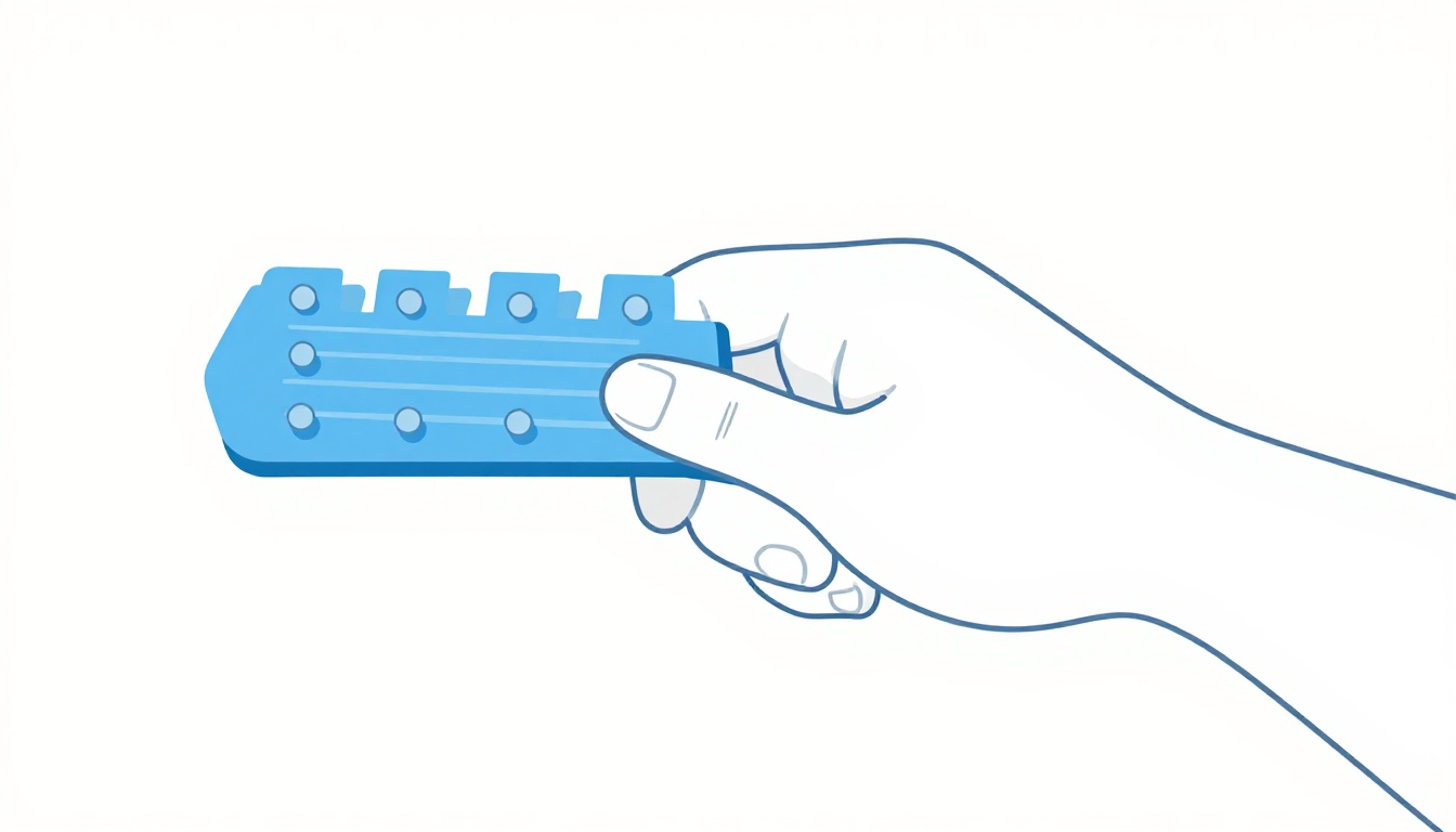 A close-up of a hand fingering a compact chord shape across the middle of a guitar neck, away from the open strings