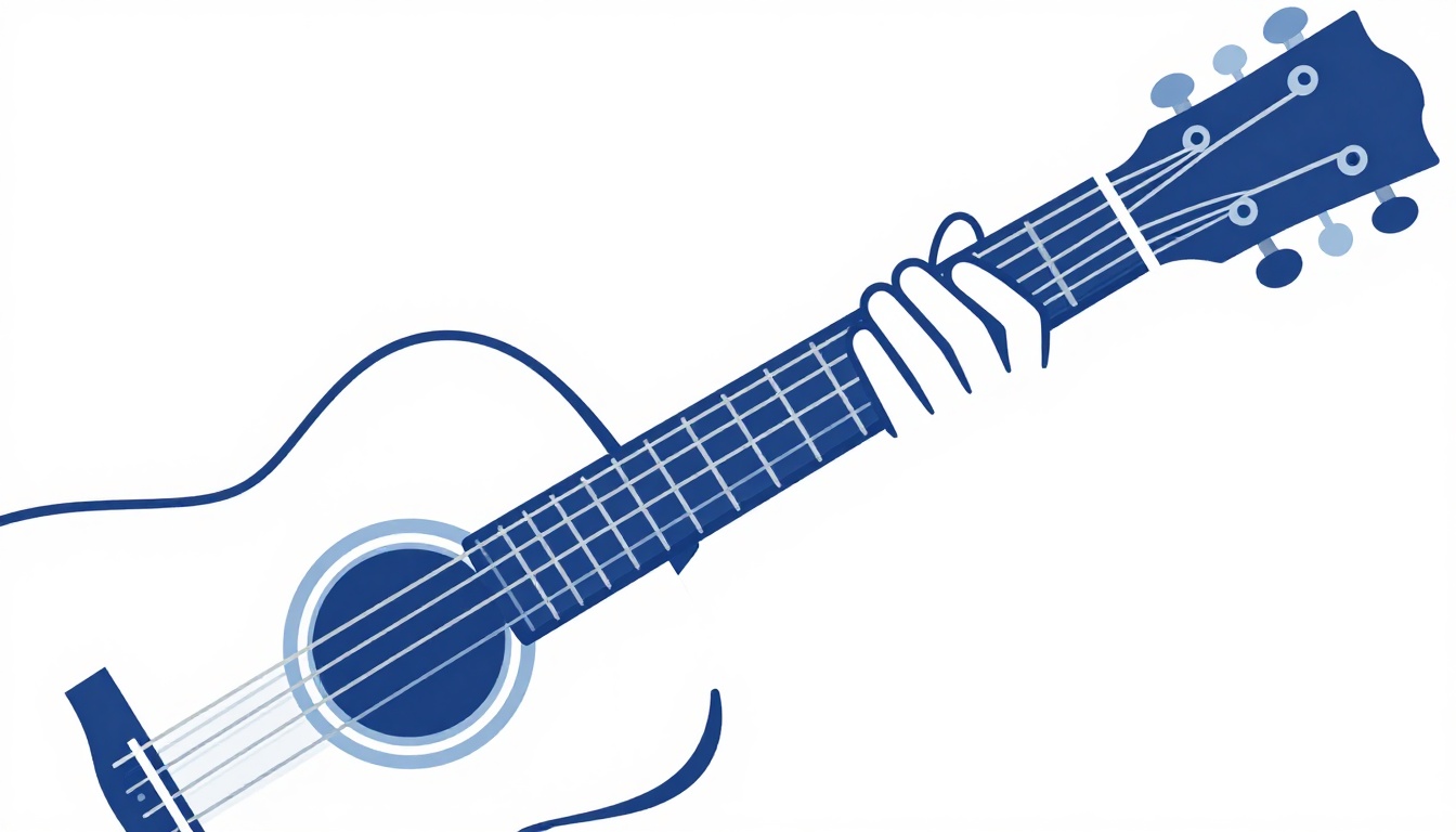 A close-up of a hand mid-motion moving between two chord shapes on an acoustic guitar neck