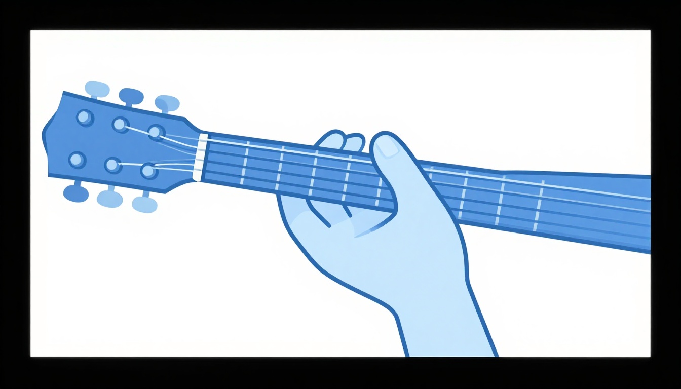 A close-up of a left hand fretting notes high on an acoustic guitar neck, near the body join