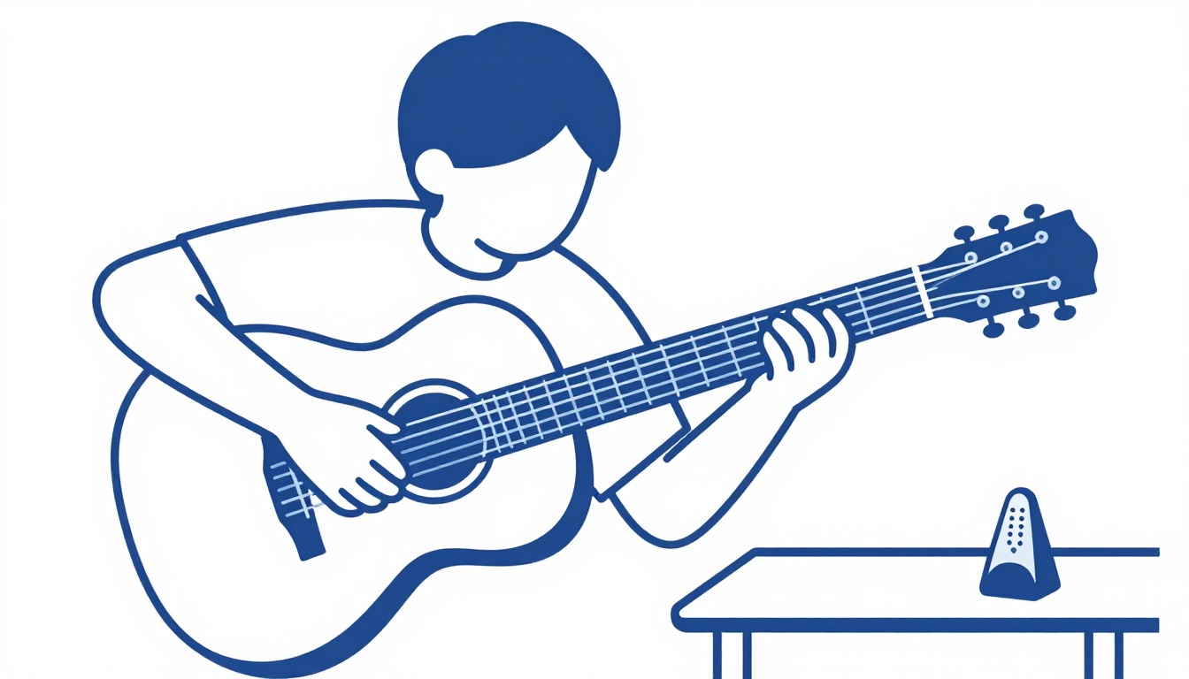 A close-up of a left hand's fingers positioned mid-neck on an acoustic guitar, practicing a scale pattern with a metronome visible nearby