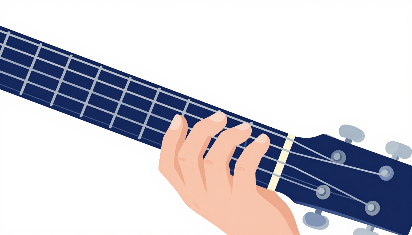A close-up of a left hand fingering four strings low on an acoustic guitar neck, index, middle, ring, and pinky fingers each pressing a different string near the nut