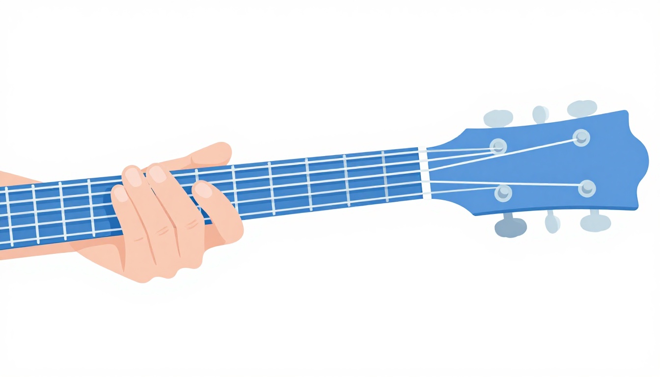 A close-up of a left hand barring a guitar neck high up near the eighth fret, fingers spread across four strings above the barre