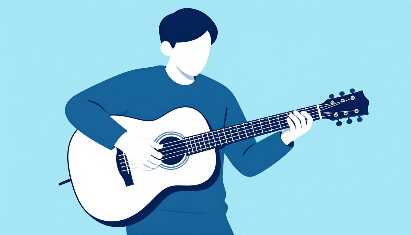 A guitarist mid-strum on an acoustic guitar, the fretting hand shifting between two chord shapes low on the neck