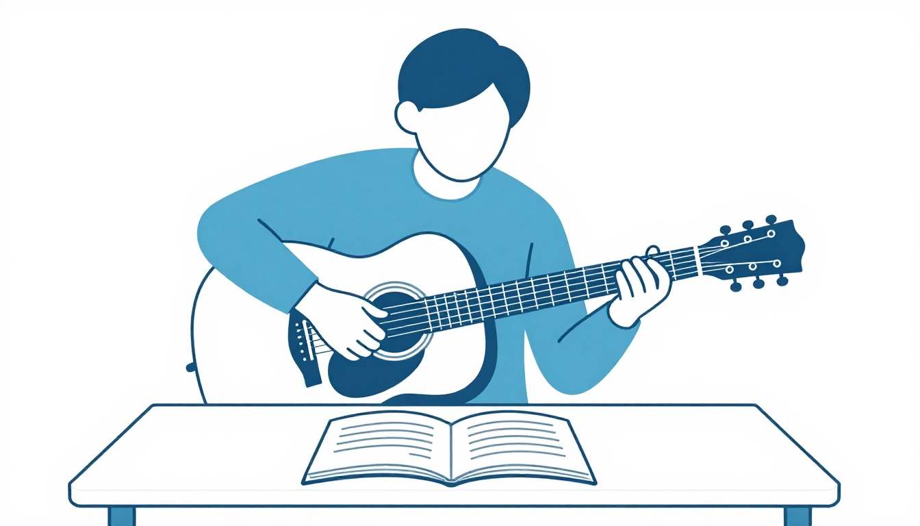 A guitarist sitting at home practicing a chord shape on an acoustic guitar, a notebook open on a nearby table