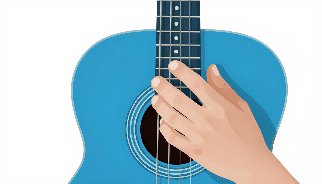 A close-up of a hand holding an acoustic guitar by the neck, several chord shapes visible in sequence along the fretboard