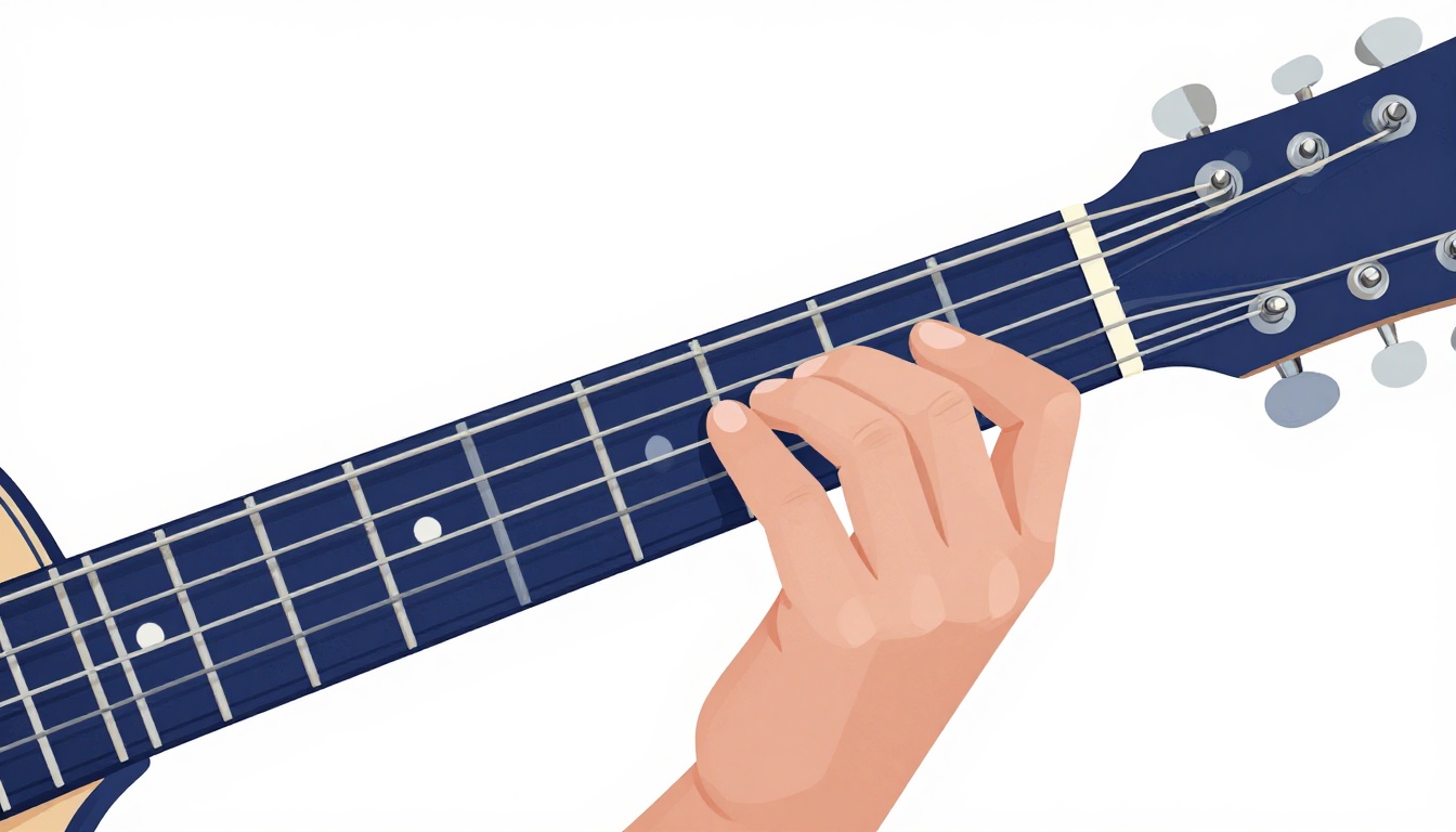 A close up of a left hand fingering an F6 chord on an acoustic guitar neck, index finger flat across two strings and ring finger reaching higher