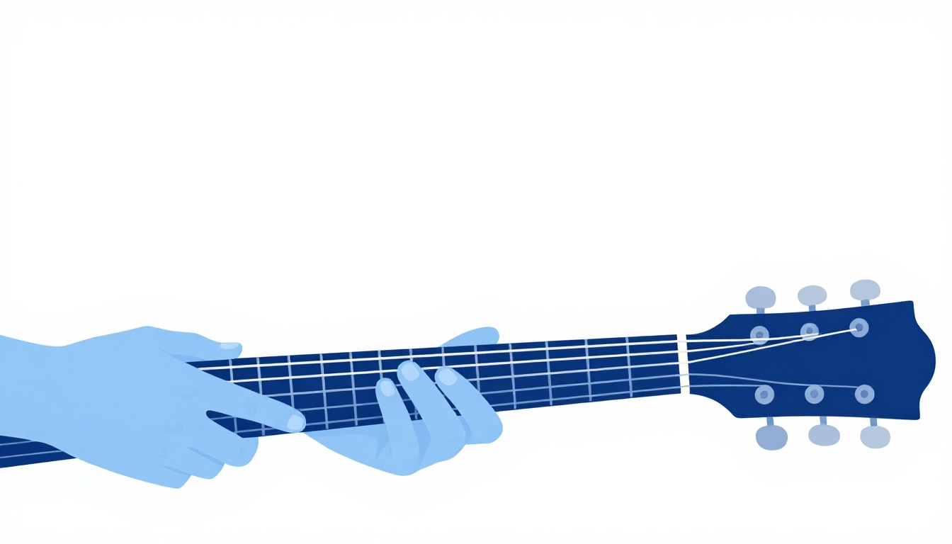 A left hand forming a full barre chord across the first fret of an acoustic guitar neck with the ring finger stretching to a higher fret