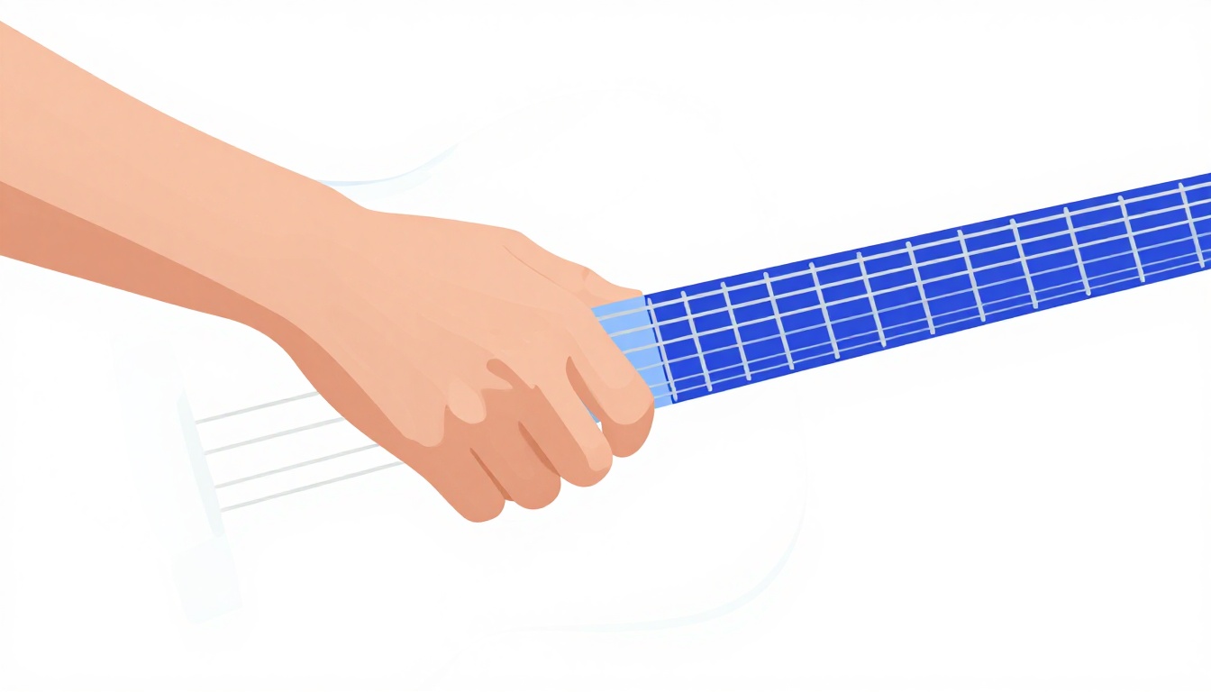 A close up of a left hand playing a simple two string barre shape at the first fret of an acoustic guitar neck