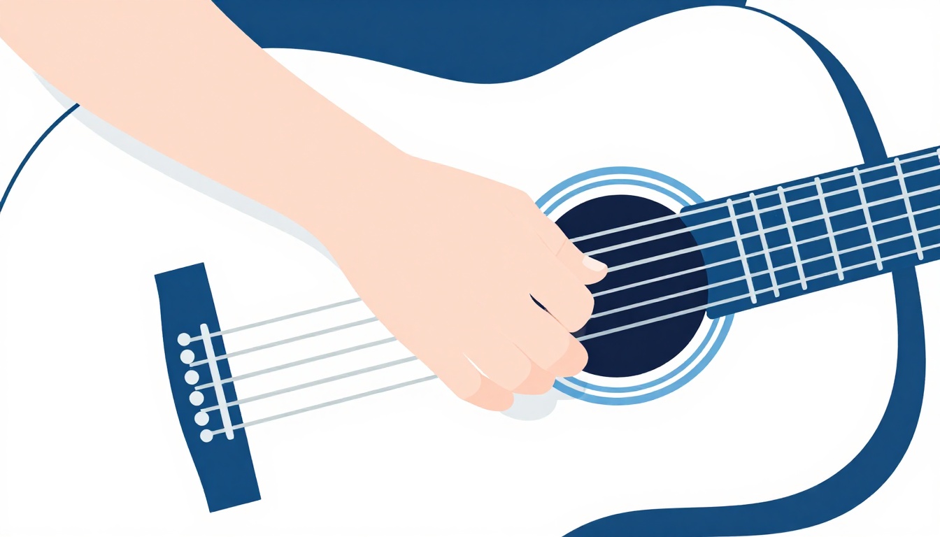 A close up of a right hand fingerpicking individual strings near the soundhole of an acoustic guitar
