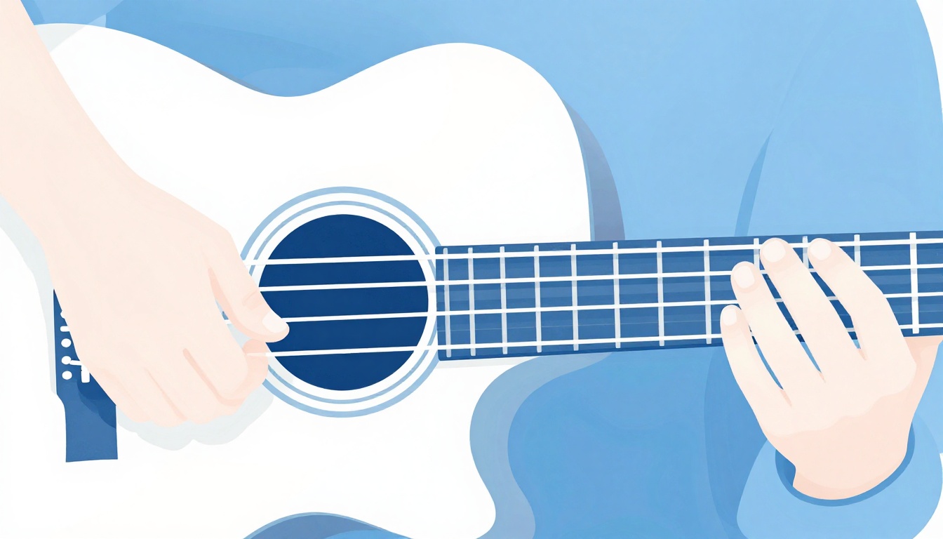 An extreme close up of three fingers of a left hand pressed onto an acoustic guitar fretboard near the first three frets, one string ringing open at the top